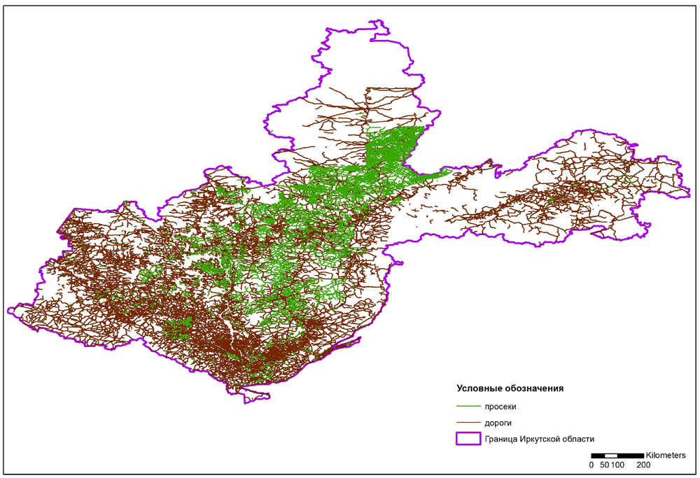 Отображение данных о дорогах и просеках на территории Иркутской области