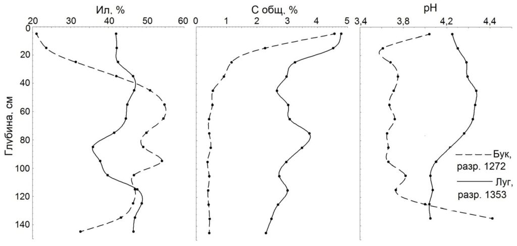 Рисунок 2. Профильное распределение ила, С общ и величин рН в почве под буковым лесом и под луговой растительностью