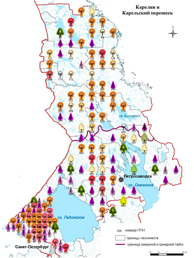 Расположение постоянных пунктов наблюдений (ППН) на территории Карелии и Карельского перешейка