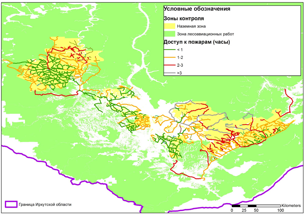Карта маршрутов до лесных пожаров (2002-2017 гг.) в зоне наземной охраны, классифицированных цветом по времени движения