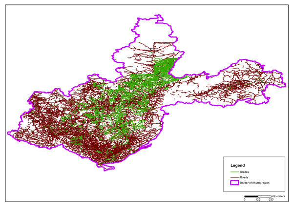 Data on roads and glades in the Irkutsk region