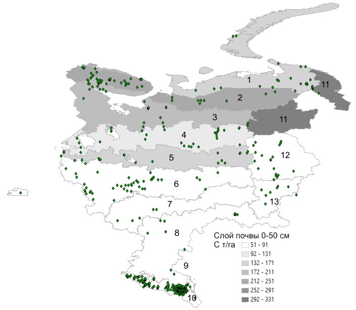 Рисунок 1. Средние запасы углерода (т С га-1) в слое почвы 0-50 см на землях лесного фонда Европейско-Уральской части Российской Федерации