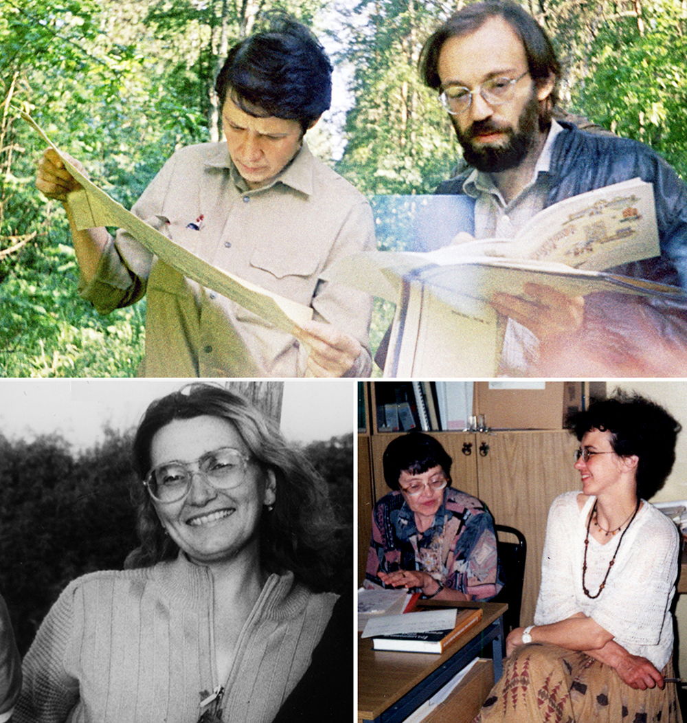Figure 3. Professor Olga V. Smirnova’s colleagues (cont’d). Top: With Roman V. Popadjuk (Researcher at the Problem-Centered Biology Laboratory, Moscow State Pedagogical Institute) during an expedition to Prioksko-Terrasny Nature Reserve in 1990. Photo by M. A. Barinova. Bottom left: Natalia A. Toropova (Candidate of Biological Sciences, Associate Professor at the Chair in Botany, Tambov State Pedagogical Institute) in the Kanevsky Nature Reserve (Cherkasy Oblast, Ukraine), 1983. Bottom right: Professor Olga V. Smirnova’s colleagues discussing research plans in the Laboratory of Ecosystem Modeling, Institute of Physicochemical and Biological Problems of Soil Science, RAS (Pushchino). Left: Lyudmila B. Zaugol’nova (Doctor of Biological Sciences, Principal Researcher at the Center of Forest Ecology and Productivity, RAS, Moscow), right: Larisa G. Khanina (Candidate of Biological Sciences, Associate Professor, Head of Laboratory of Computational Ecology, Institute of Mathematical Problems of Biology, RAS, Pushchino), 1999