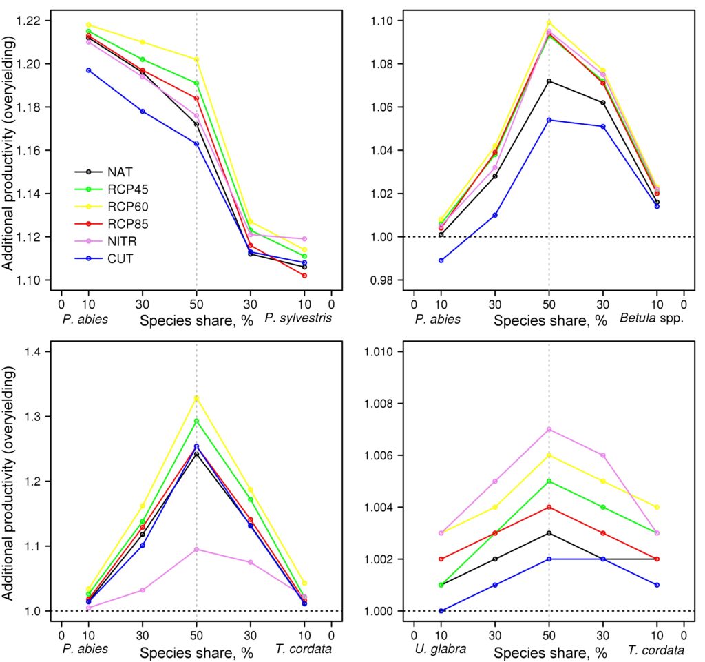 Figure 20. Projected values of additional productivity in mixed stands of different composition under no-felling scenario (NAT), climate change (RCP45, RCP60 and RCP85), increased input of nitrogen compounds from precipitation (NITR) and selective felling (CUT)