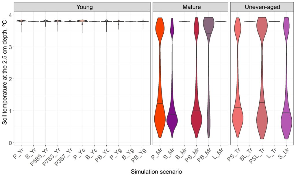 Figure 23. Temperature distribution at a depth of 2.5 cm on the 100th day of the year under stands of different composition and spatial structure