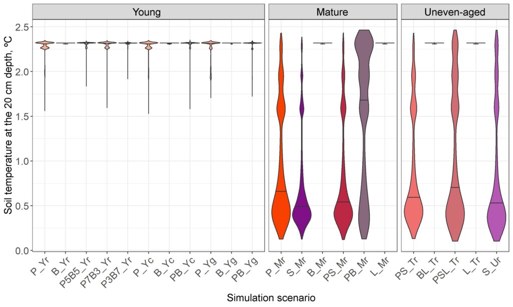 Figure 24. Soil temperature distribution at 20 cm depth on the 100th day of the year under stands of different composition and spatial structure