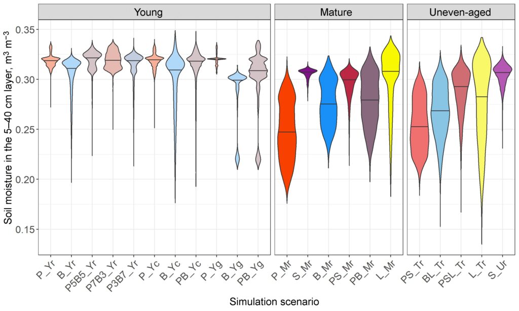 Figure 26. Moisture distribution in the 5–40 cm layer on the 210th day of the year under stands of different composition and spatial structure