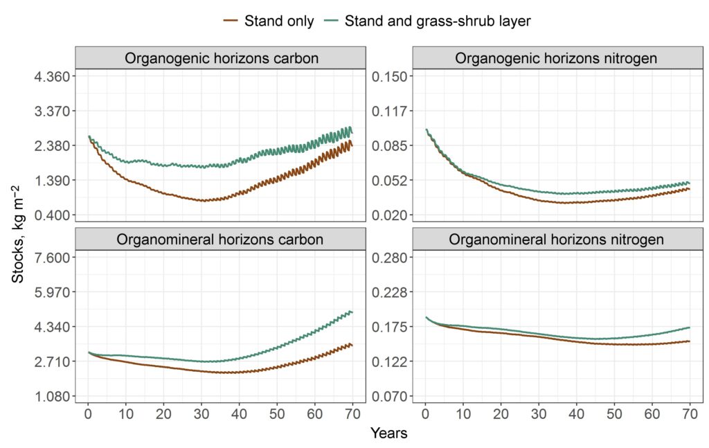 Figure 32. Dynamics of C and N stocks distribution in forest floor (organogenic horizons) and organomineral part of soil profile in the scenario of pine-birch stand with clustered placement of trees: mean values of indicators for corresponding horizons