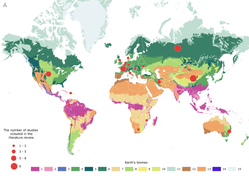 Figure 7. Geography of the reviewed studies of soil organic carbon content/stocks mapping at the regional and local scales (Olson et al., 2001): 1 — tropical and subtropical moist broadleaf forests; 2 — tropical and subtropical dry broadleaf forests; 3 — tropical and subtropical coniferous forests; 4 — temperate broadleaf and mixed forests; 5 — temperate coniferous forests; 6 — boreal forests/taiga; 7 —  tropical and subtropical grasslands, savannas, and shrublands; 8 — temperate grasslands, savannas, shrublands; 9 — flooded grasslands and savannas; 10 — mountain grasslands and shrublands; 11 — tundra; 12 — Mediterranean forests, woodlands, Scrub; 13 — deserts and xeric shrublands; 14 — mangroves; 15 — polar deserts