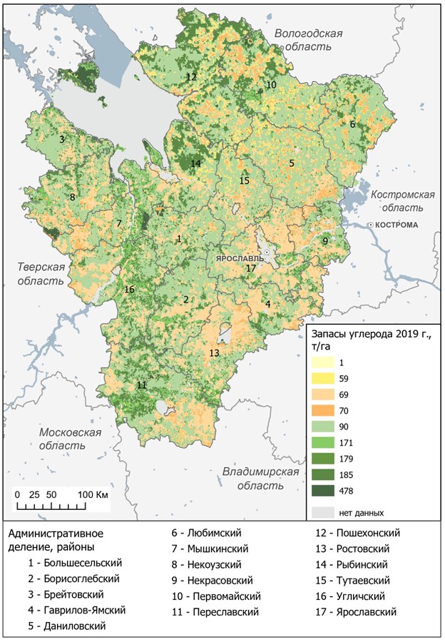 Рисунок 1. Расчетные запасы углерода в Ярославской области, 2019 г., т/га (рассчитано в InVEST, визуализировано в ArcGIS)