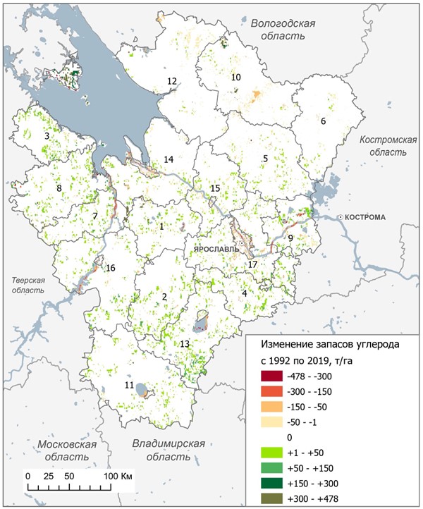 Рисунок 2. Изменение запасов углерода в Ярославской области за период 1992-2019 гг. (рассчитано в InVEST, визуализировано в ArcGIS)