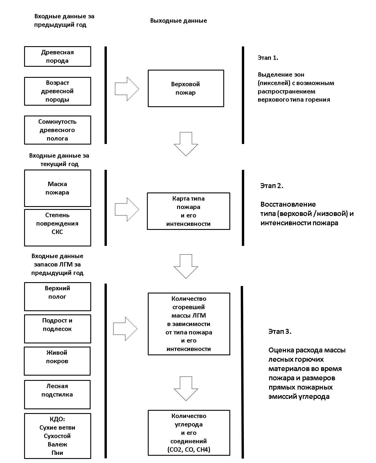 Рисунок 1. Схема обработки данных для оценки прямых пожарных эмиссий углерода