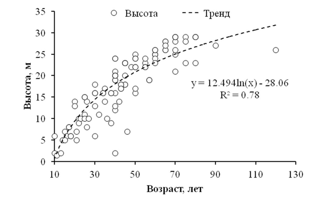 Рисунок 1. Изменения средней высоты насаждений с участием кедра с возрастом