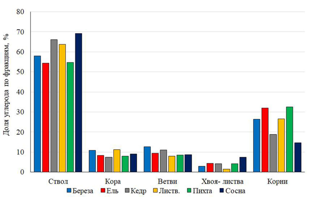 Рисунок 4. Фракционный состав углеродного пула древостоев преобладающих пород репрезентативных среднетаежных лесов