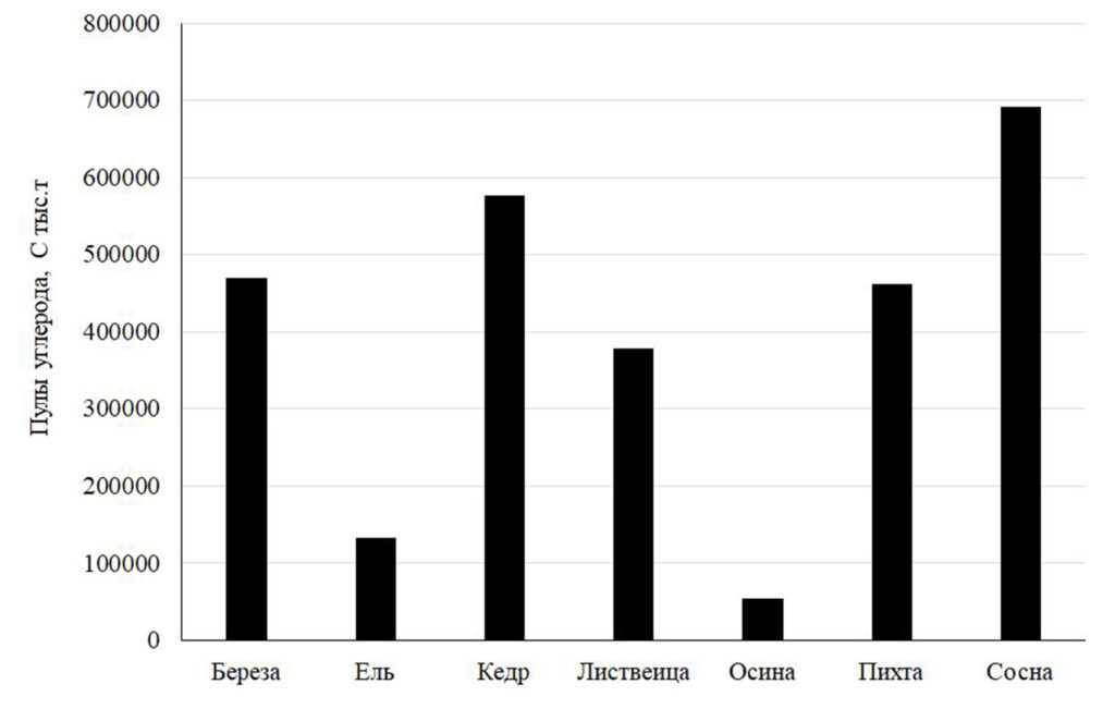 Рисунок 5. Запасы углерода в древостоях преобладающих пород репрезентативных южнотаежных лесов