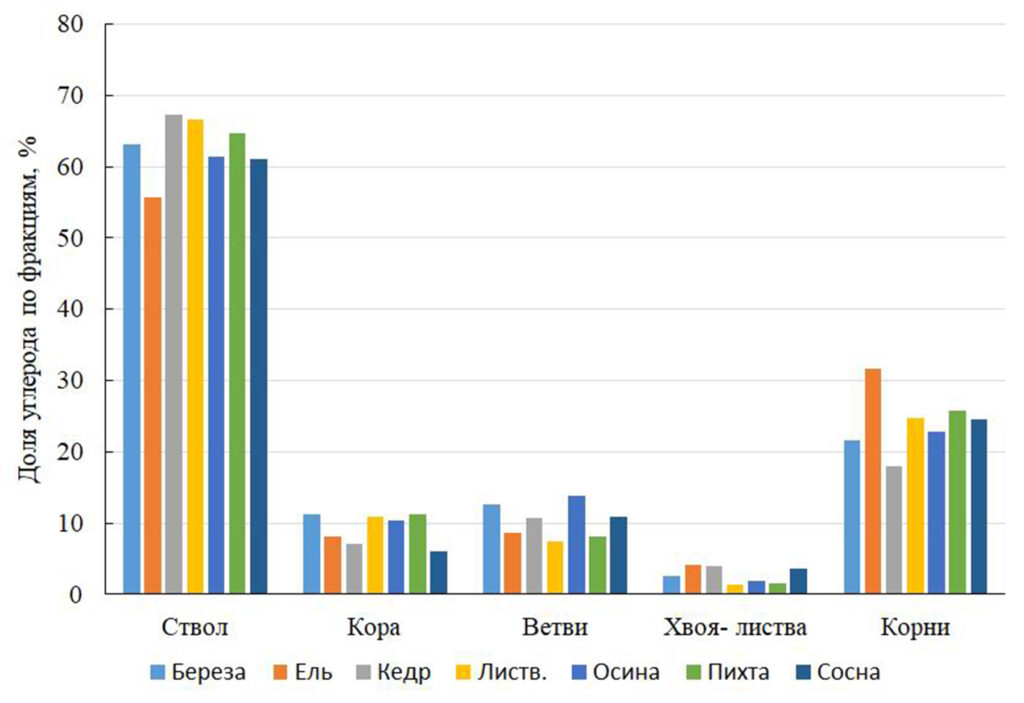 Рисунок 6. Фракционный состав углеродного пула древостоев преобладающих пород репрезентативных южнотаежных лесов