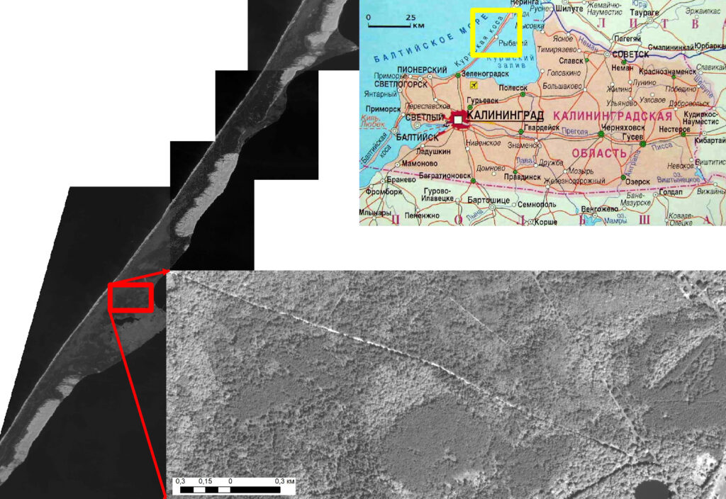 Рисунок 1. Панхроматическое изображение, полученное высокодетальной аппаратурой Геотон-Л со спутника «Ресурс-П1» 10.07.2017 на территорию НП «Куршская коса» (Калининградская обл.) с увеличенным фрагментом. Рамкой желтого цвета выделено расположение сцены Геотон-Л на карте Калининградской области