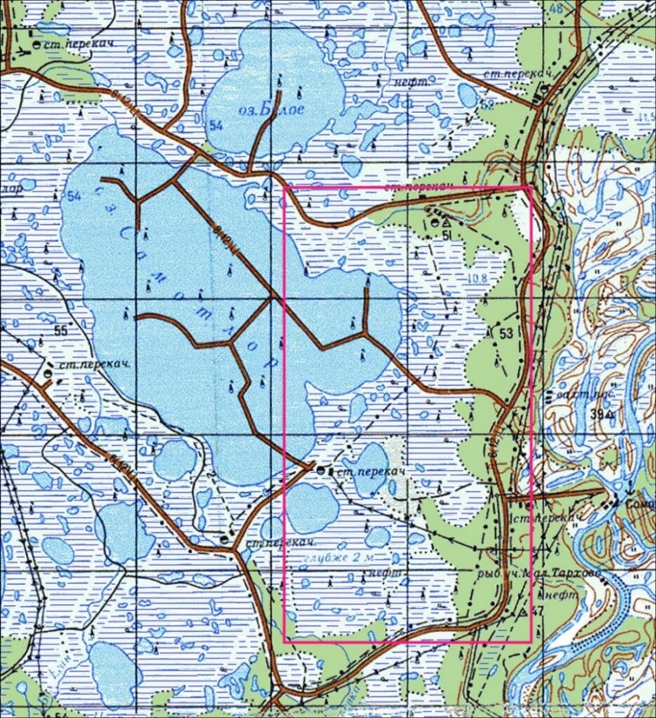 Рисунок 2. Фрагмент обзорно-топографической карты масштаба 1:200 000 на исследуемый район. Прямоугольными границами выделен изучаемый участок