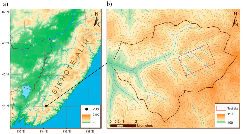 Figure 1. Research area: a—location of the Verkhneussuriysky station (VUS) of the Federal Scientific Center of the East Asia Terrestrial Biodiversity, Far Eastern Branch of the Russian Academy of Sciences, within Sikhote-Alin, b—layout of the station territory and the location of the test site