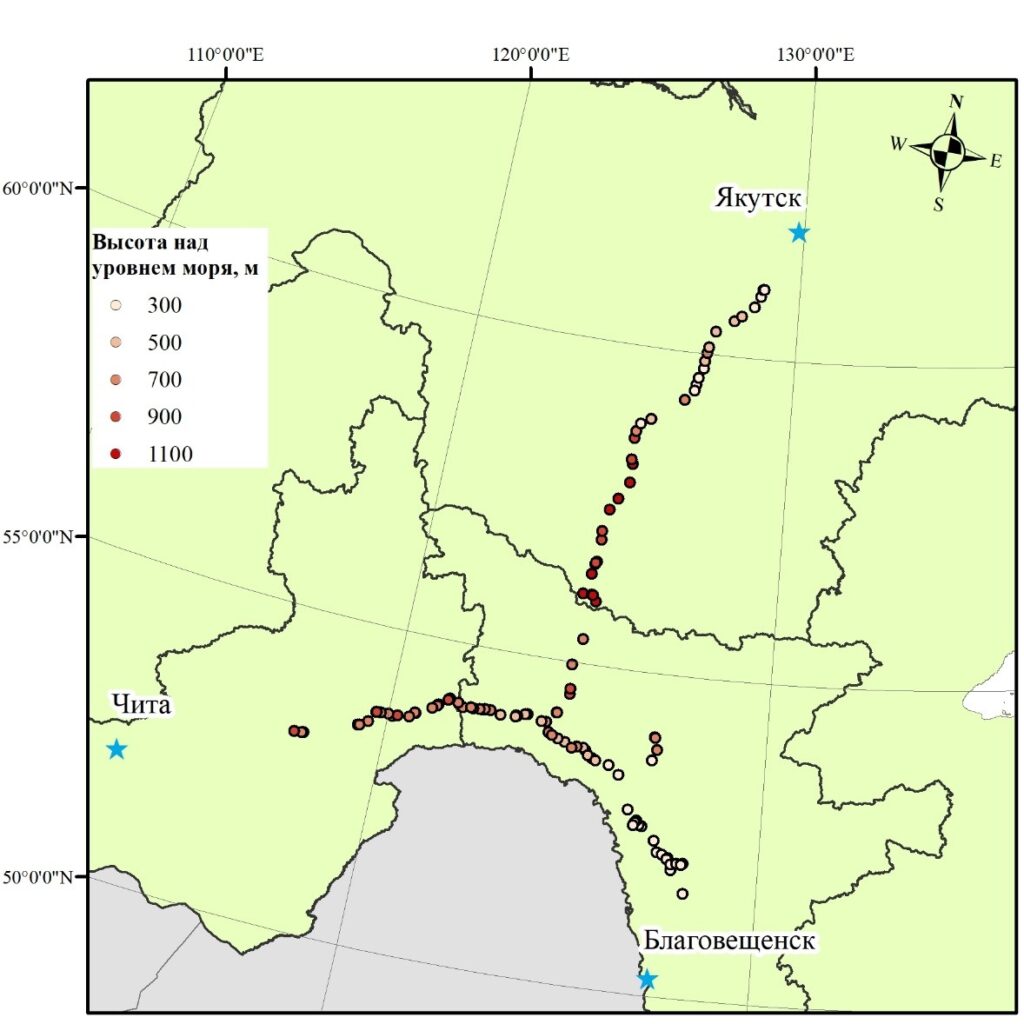 Рисунок 1. Размещение участков сбора подстилки на территории южной части Дальнего Востока